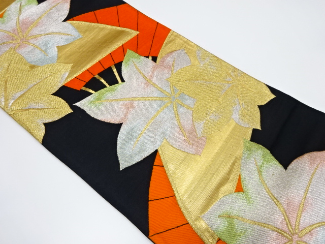 アンティーク　扇に紅葉模様織り出し袋帯（材料）